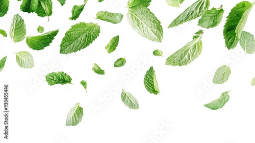 Fresh green mint leaves falling dynamically against a clean white background.