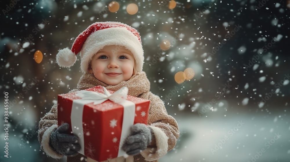 Little boy Santa Claus carrying red Christmas gifts with white ribbons surrounded by falling snow, Christmas celebration concept Little boy Santa Claus carrying red Christmas gifts with white ribbons surrounded by falling snow, Christmas celebration concept