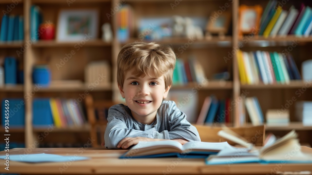 cute schoolboy sitting at the desk, smiling, looking at the camera during the lesson cute schoolboy sitting at the desk, smiling, looking at the camera during the lesson