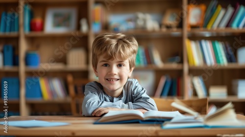 cute schoolboy sitting at the desk, smiling, looking at the camera during the lesson