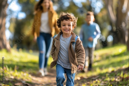 Portrait of a child with autism walking with their parents in a park, photo