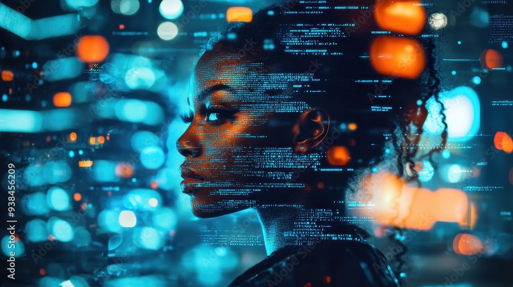 Fototapeta premium Female tech professional using artificial intelligence for data security analysis