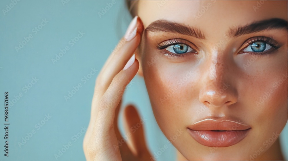 Beauty and health: Woman touches her eye area. Beauty and health: Woman touches her eye area.