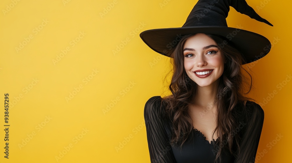 Smiling woman dressed as a witch in a black dress and hat for Halloween standing against a yellow background looking at the camera with scary makeup on her face Halloween costume and Smiling woman dressed as a witch in a black dress and hat for Halloween standing against a yellow background looking at the camera with scary makeup on her face Halloween costume and