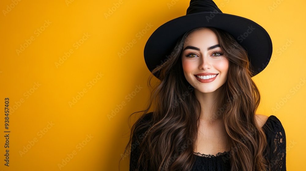 Smiling woman dressed as a witch in a black dress and hat for Halloween standing against a yellow background looking at the camera with scary makeup on her face Halloween costume and Smiling woman dressed as a witch in a black dress and hat for Halloween standing against a yellow background looking at the camera with scary makeup on her face Halloween costume and