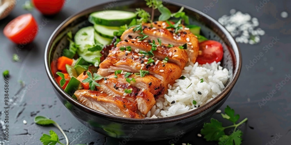 Chicken Breast Bowl with Rice and Vegetables on a Light Surface Chicken Breast Bowl with Rice and Vegetables on a Light Surface