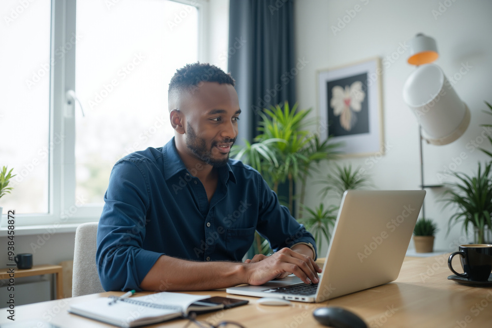 Stylish Black Professional in Modern Home Office: Remote Work, Tech Lifestyle, and Work-Life Balance Stylish Black Professional in Modern Home Office: Remote Work, Tech Lifestyle, and Work-Life Balance