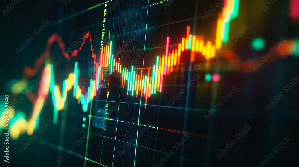 Colorful upward-trending financial line graph on a dark futuristic digital screen Colorful upward-trending financial line graph on a dark futuristic digital screen