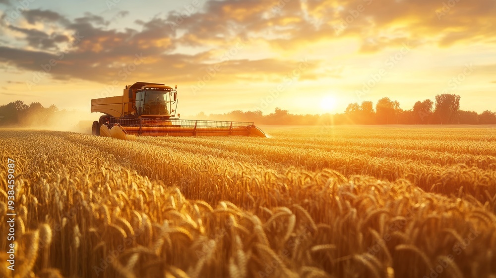 Fototapeta premium Combine harvests wheat in sunshine