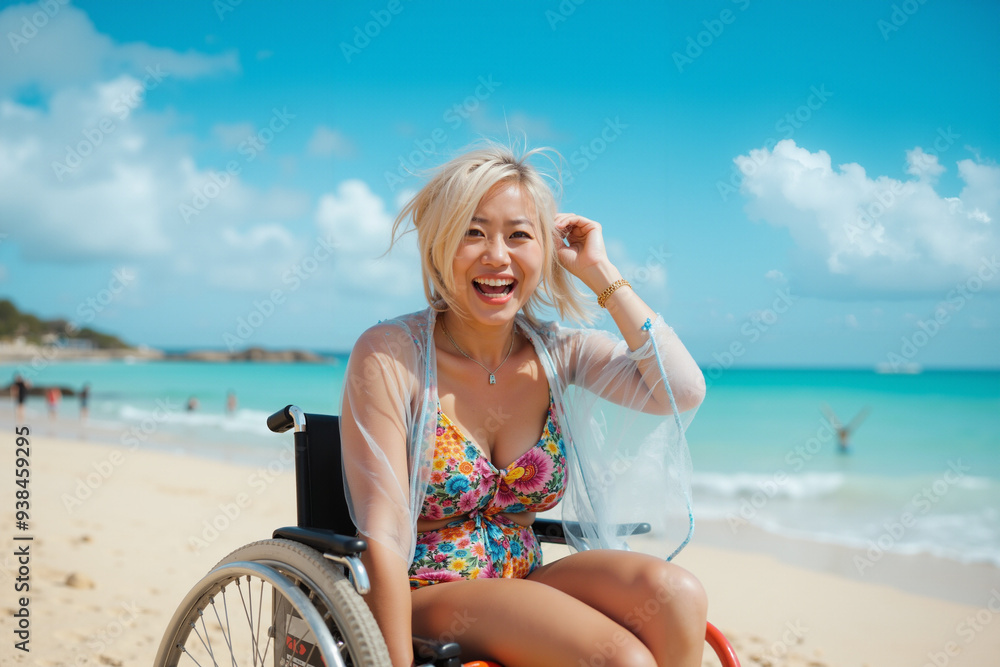 Joyful Disabled Woman in Wheelchair Enjoying Beach Vacation: Inclusive Tourism and Accessibility Ad Joyful Disabled Woman in Wheelchair Enjoying Beach Vacation: Inclusive Tourism and Accessibility Ad