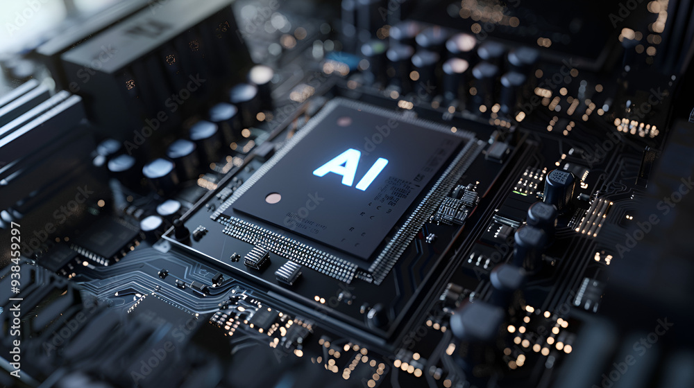 Fototapeta premium A detailed close-up of a computer motherboard, focusing on a central microchip prominently labeled
