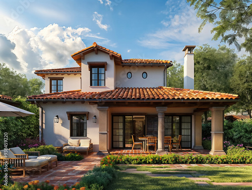 A large house with a red tile roof and white trim. The house has a large patio with a table and chairs