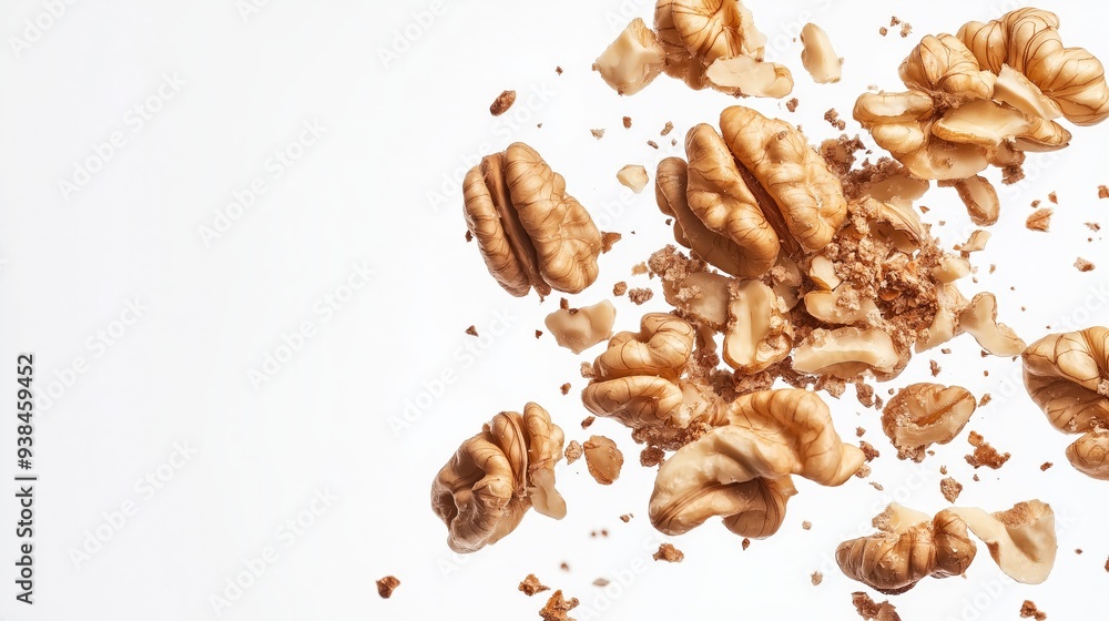 Cracked walnut halves and pieces falling in mid-air on a white background. Cracked walnut halves and pieces falling in mid-air on a white background.
