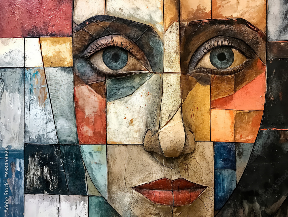 A woman's face is painted in a mosaic style, with blue eyes and a red nose. The painting is a colorful and abstract representation of the woman's features