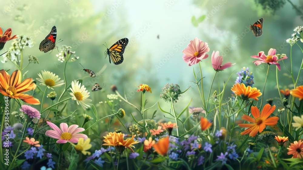 Colorful butterflies and flowers bloom in a lush green meadow on a sunny day. Colorful butterflies and flowers bloom in a lush green meadow on a sunny day.