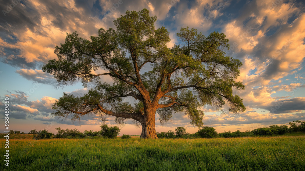 Ancient Majesty at Twilight: A solitary oak, its branches reaching for the heavens, stands sentinel in a vast field as the sky erupts in hues of orange and purple during a breathtaking sunset. Ancient Majesty at Twilight: A solitary oak, its branches reaching for the heavens, stands sentinel in a vast field as the sky erupts in hues of orange and purple during a breathtaking sunset.