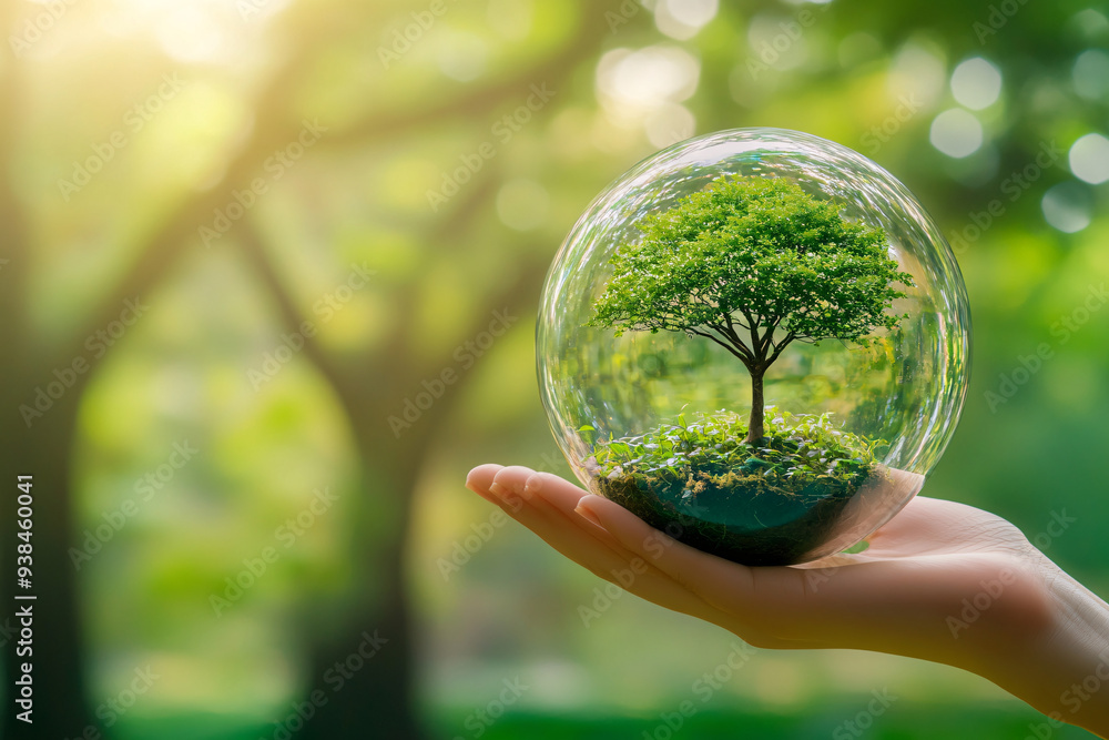A small tree enclosed in a glass sphere rests on an open hand symbolizing nature and conservation A small tree enclosed in a glass sphere rests on an open hand symbolizing nature and conservation