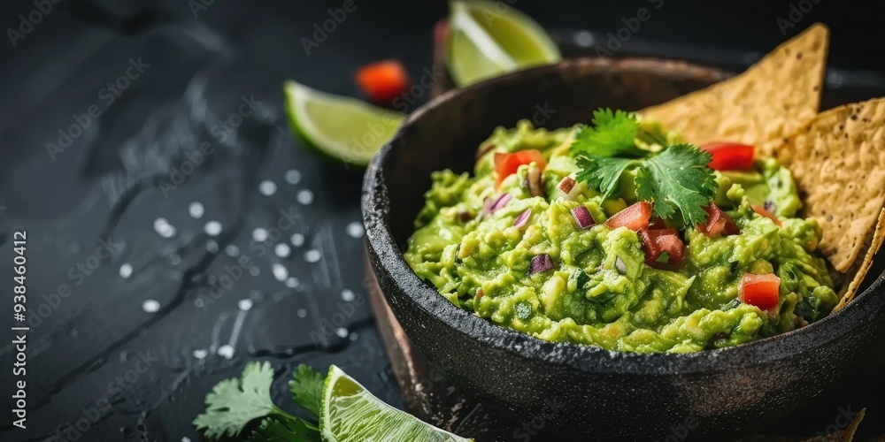 Newly prepared guacamole with crackers served on the table, a classic dish. Newly prepared guacamole with crackers served on the table, a classic dish.