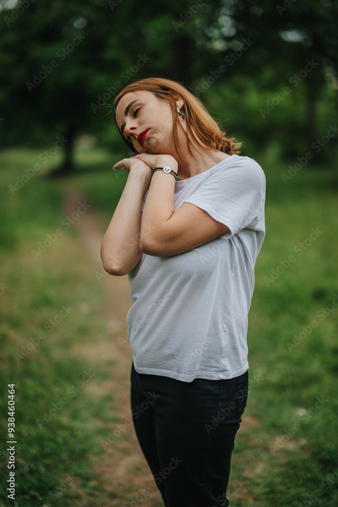 A woman with red hair in a white shirt and black pants peacefully daydreams in a lush green park setting. A woman with red hair in a white shirt and black pants peacefully daydreams in a lush green park setting.
