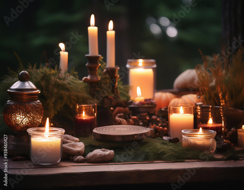 Halloween still life with candles, pumpkins and moss on rustic background in the Celtic Samhain Festival	 photo