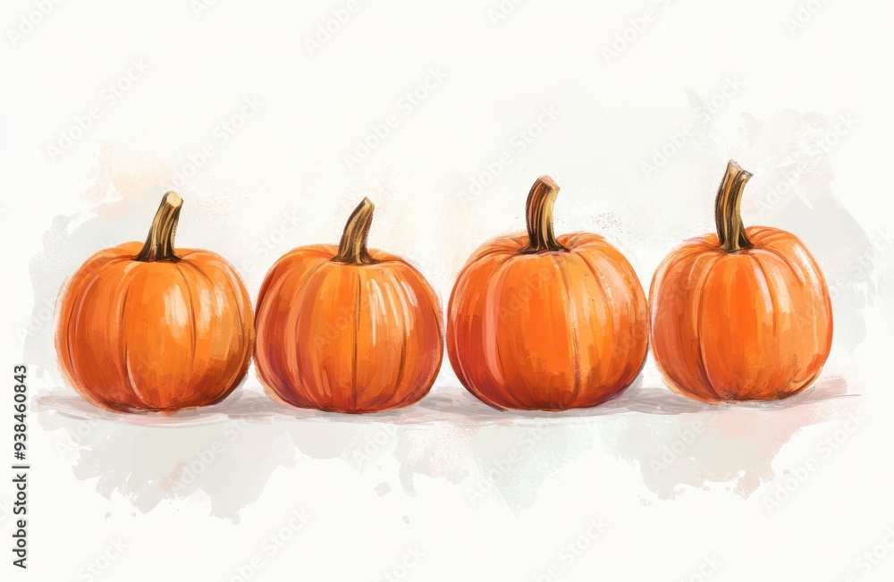 Four vibrant pumpkins arranged in a row against a light background, showcasing their rich orange color and textured skin. Generative AI Four vibrant pumpkins arranged in a row against a light background, showcasing their rich orange color and textured skin. Generative AI