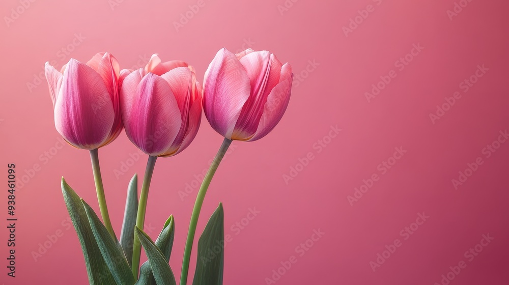 Three pink flowers are arranged in a vase on a pink background Three pink flowers are arranged in a vase on a pink background