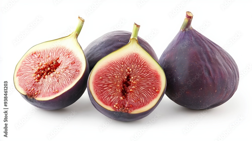 Three fresh figs, two halved and one whole, isolated on a white background. Three fresh figs, two halved and one whole, isolated on a white background.