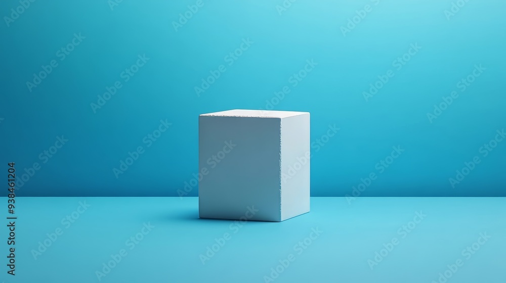 A white cube is sitting on a blue background A white cube is sitting on a blue background