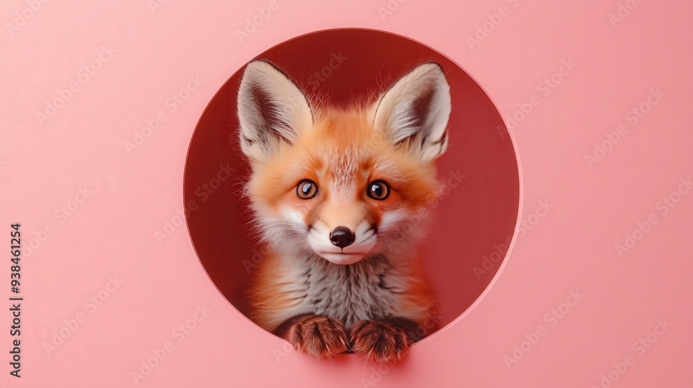 Fototapeta premium A cute red fox peeks its head out of a pink circle hole.
