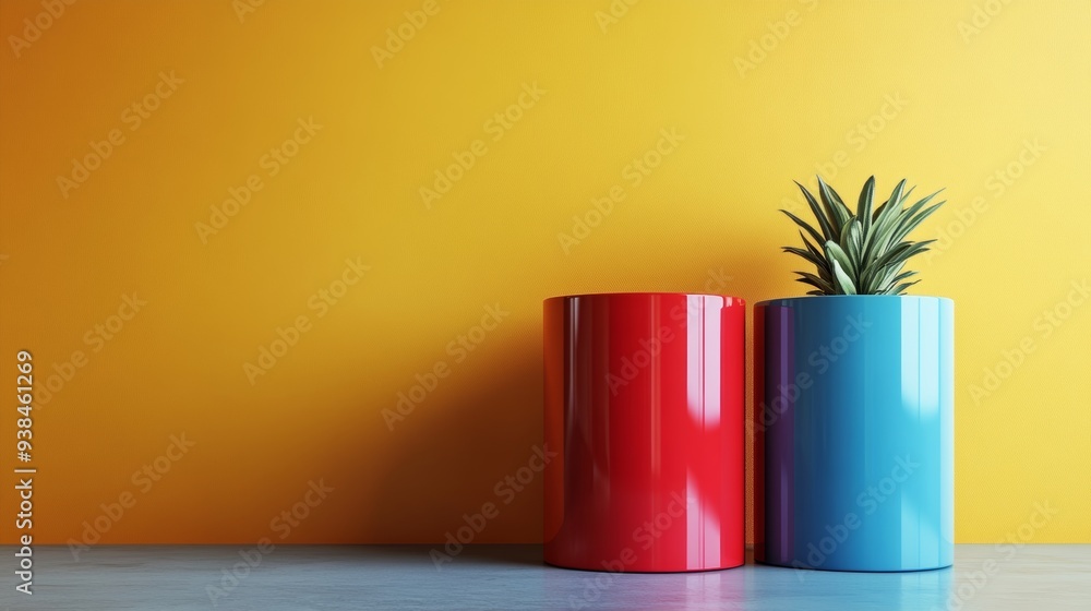 Two colorful pots with a plant in each one sit on a yellow wall Two colorful pots with a plant in each one sit on a yellow wall