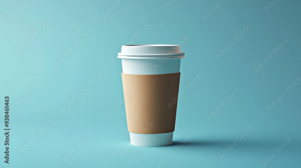 A coffee cup with a brown lid sits on a blue background A coffee cup with a brown lid sits on a blue background