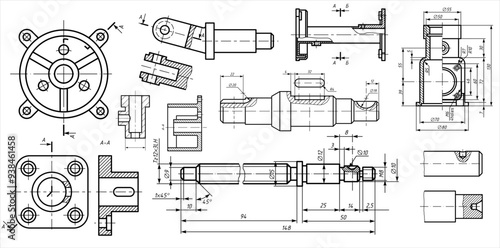 Vector engineering drawing of steel mechanical 
parts with through holes. 
Industrial cad scheme on white paper sheet. 
Technology background.