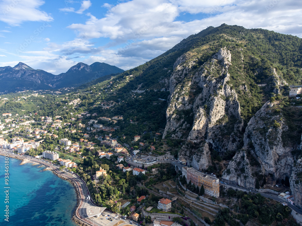 Obraz premium Aerial view on Italian Riviera and Mediterranean Sea from French-Italian border in Grimaldi village, Ventimiglia near San-Remo, travel destination, panoramic view from above