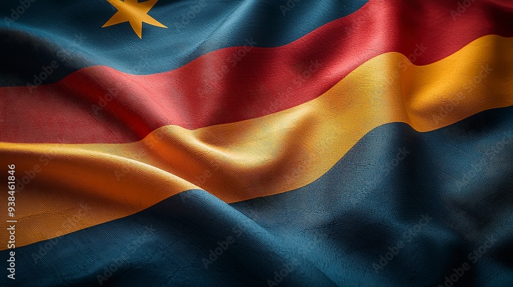 Fototapeta premium Close-up of a waving flag with horizontal stripes of blue, red, yellow and a yellow star in the top left corner.