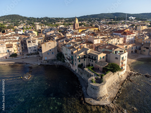 Aerial view on bays, beaches, old colorful houses of famous Saint-Tropez town on French Riviera, Var, Provence, France, summer vacation destination photo