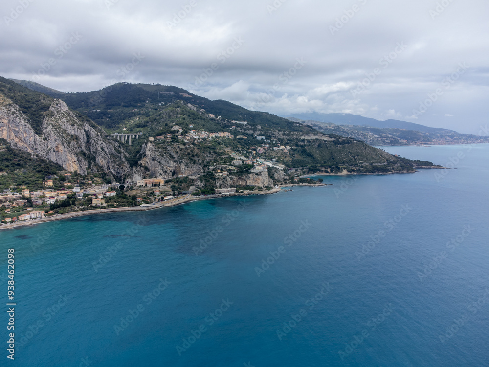 Obraz premium Aerial view on Italian Riviera and Mediterranean Sea from French-Italian border in Grimaldi village, Ventimiglia near San-Remo, travel destination, panoramic view from above