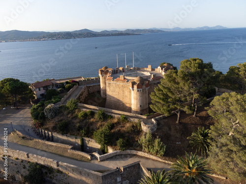 Aerial view on bay, hills,, old citadel fort, olorful houses of famous Saint-Tropez town on French Riviera, Var, Provence, France, summer vacation destination photo