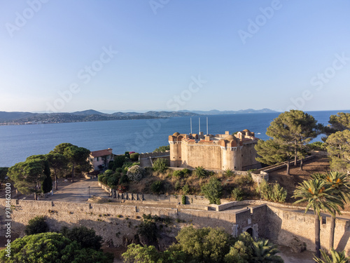 Aerial view on bay, hills,, old citadel fort, olorful houses of famous Saint-Tropez town on French Riviera, Var, Provence, France, summer vacation destination photo