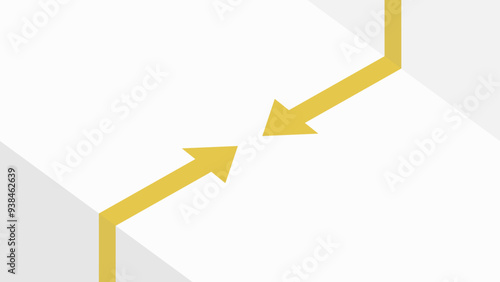 Two yellow arrows pointing toward each other on a white and gray background