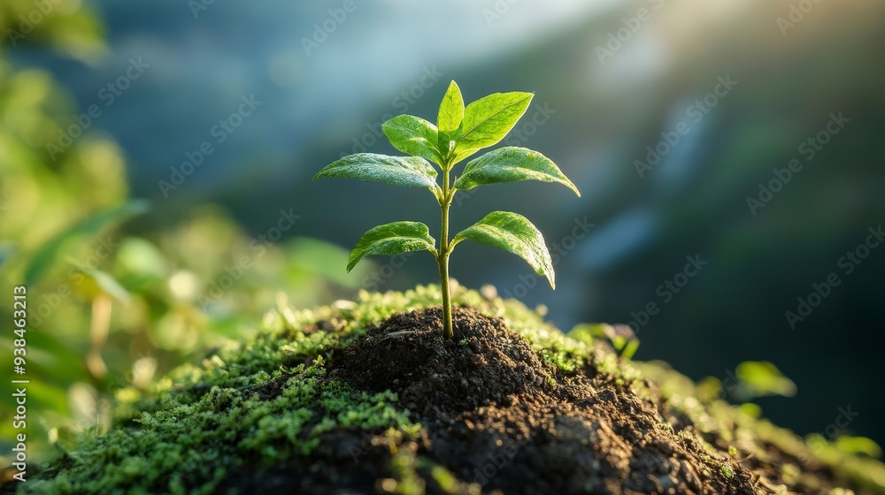A single green sprout grows from the earth, surrounded by moss, with a blurred background of greenery and sunlight. A single green sprout grows from the earth, surrounded by moss, with a blurred background of greenery and sunlight.