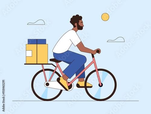 Urban Delivery Man Riding Bike with Package on Sunny Day
