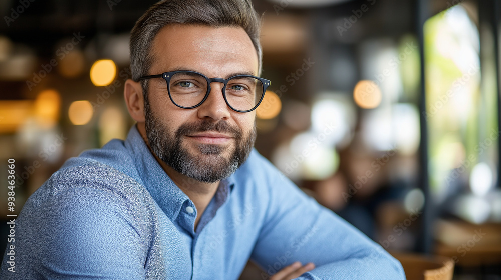 Fototapeta premium Confident Gaze: A portrait of a handsome man with glasses and a beard, exuding confidence and approachability in a warm, inviting cafe setting.