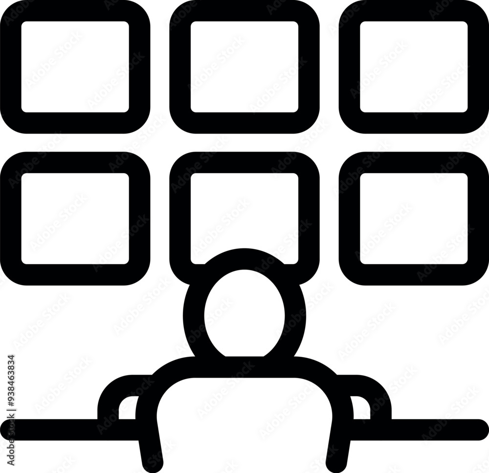 Simple, bold line icon of an office worker sitting at their desk looking at multiple computer screens Simple, bold line icon of an office worker sitting at their desk looking at multiple computer screens
