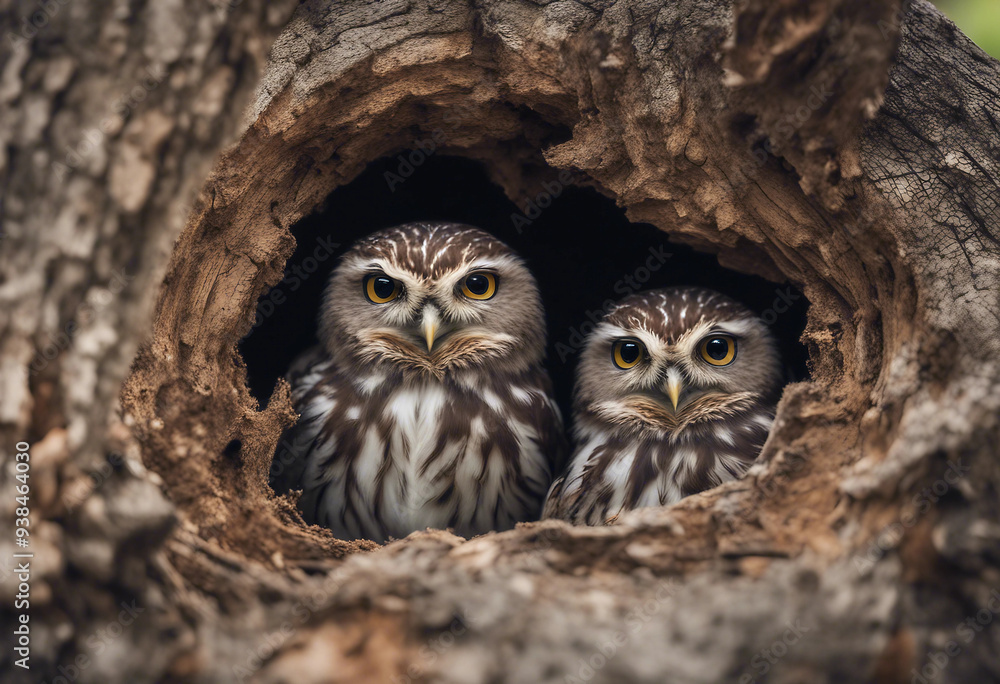 Little owls peeking out of a hole in tree nest isolated on transparent background Little owls peeking out of a hole in tree nest isolated on transparent background