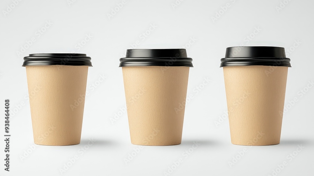 Three blank paper cups with black lids on white background. Three blank paper cups with black lids on white background.