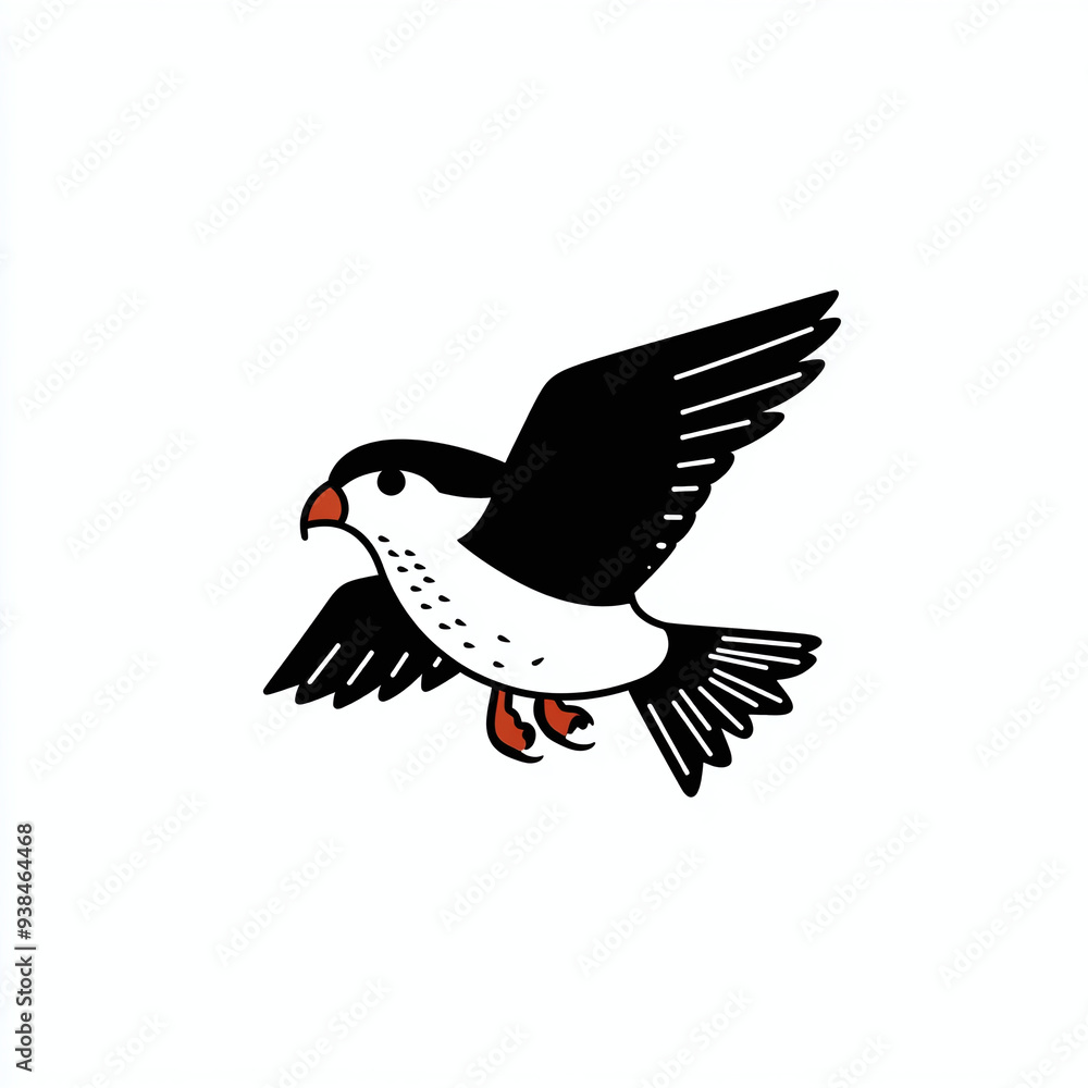 Fototapeta premium Minimalist monochrome logo of a flying crow with extended wings, isolated on white background 