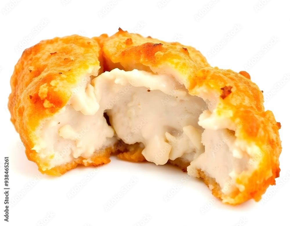 a chicken nugget with a slight dip on one side, isolated on a bright white surface, showcasing the crispy coating and tender meat inside create with ai a chicken nugget with a slight dip on one side, isolated on a bright white surface, showcasing the crispy coating and tender meat inside create with ai