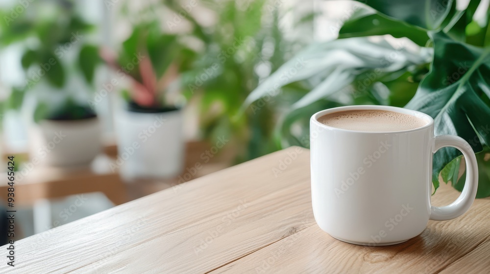 A white mug filled with coffee sits on a wooden table surrounded by various vibrant green plants, creating a serene and refreshing atmosphere perfect for relaxation and focus. A white mug filled with coffee sits on a wooden table surrounded by various vibrant green plants, creating a serene and refreshing atmosphere perfect for relaxation and focus.