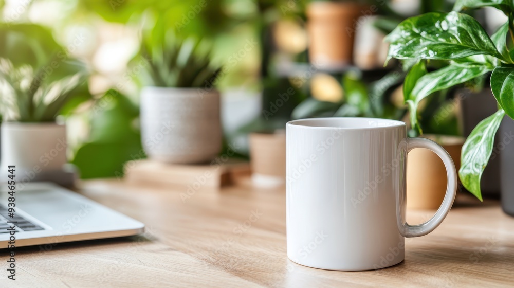 A minimalistic scene showcasing a white mug, several potted plants, and a laptop on a light wooden desk, bathed in natural morning sunlight highlighting the serene atmosphere. A minimalistic scene showcasing a white mug, several potted plants, and a laptop on a light wooden desk, bathed in natural morning sunlight highlighting the serene atmosphere.