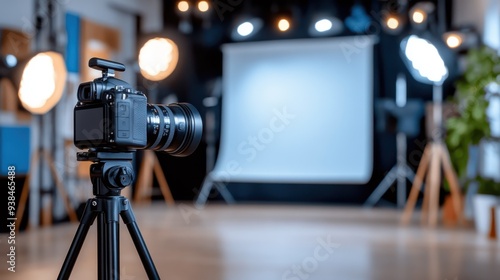 A professional photography studio setup featuring a high-end camera on a tripod, bright studio lights, and a white backdrop, ready for professional photo shoots in a modern creative space.